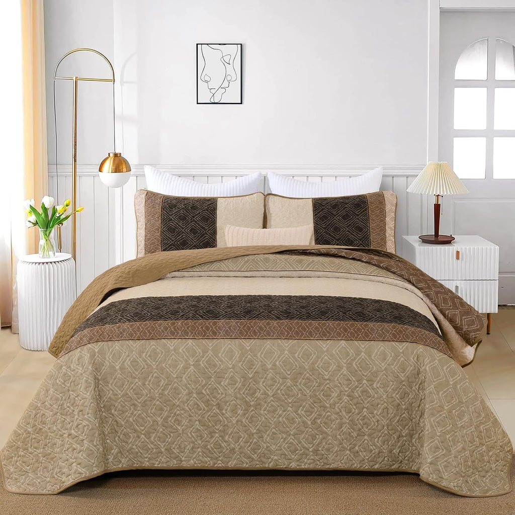 Boho Queen Quilt Set,Striped Plaid Bedspread Coverlet Set,Light Brown Bedding Set Soft Microfiber Bedding Set with 2