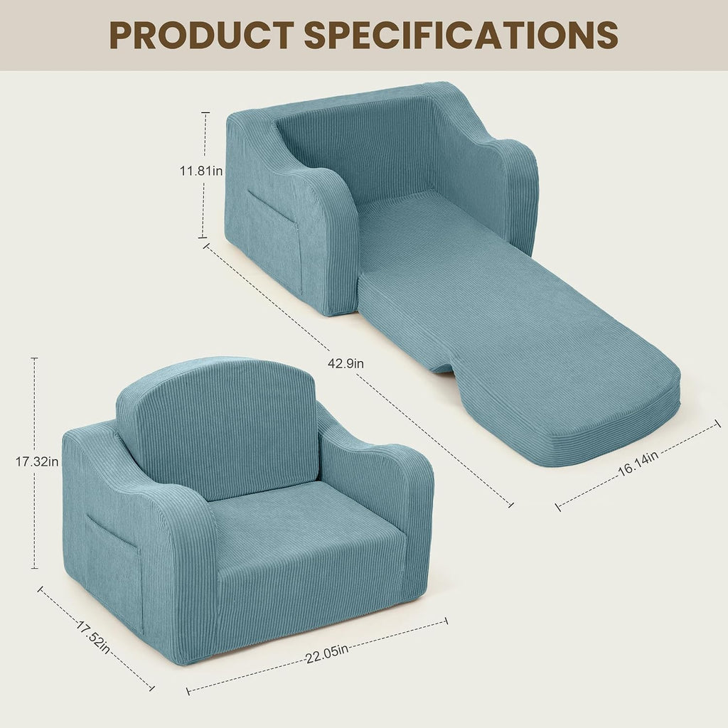 Kids Sofa Chair, in-1 Kids Couch, Fold Out Foam Sofa, Blue