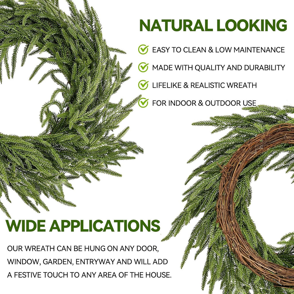 2 Pack Artificial Christmas Wreaths for Front Door, Norfolk Pine & Cedar Greenery with Red Velvet Bows, Real Touch