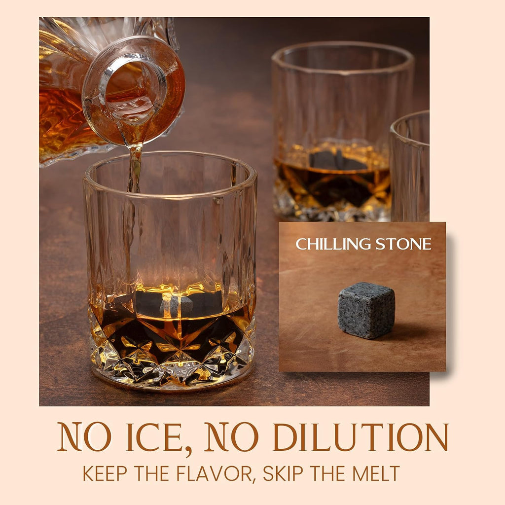 Whiskey Decanter Set - Elegant 24oz Crystal Glasses, Rustic Wood Stand, 6 Chilling Stones, Metal Tongs, Recipe Cards