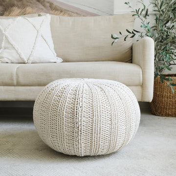 LR Home Beige Cableknit Round Cotton Ottoman Décor | Hand-Made Farmhouse Foot Rest Décor | 20 x 20 x 16 Stuffed
