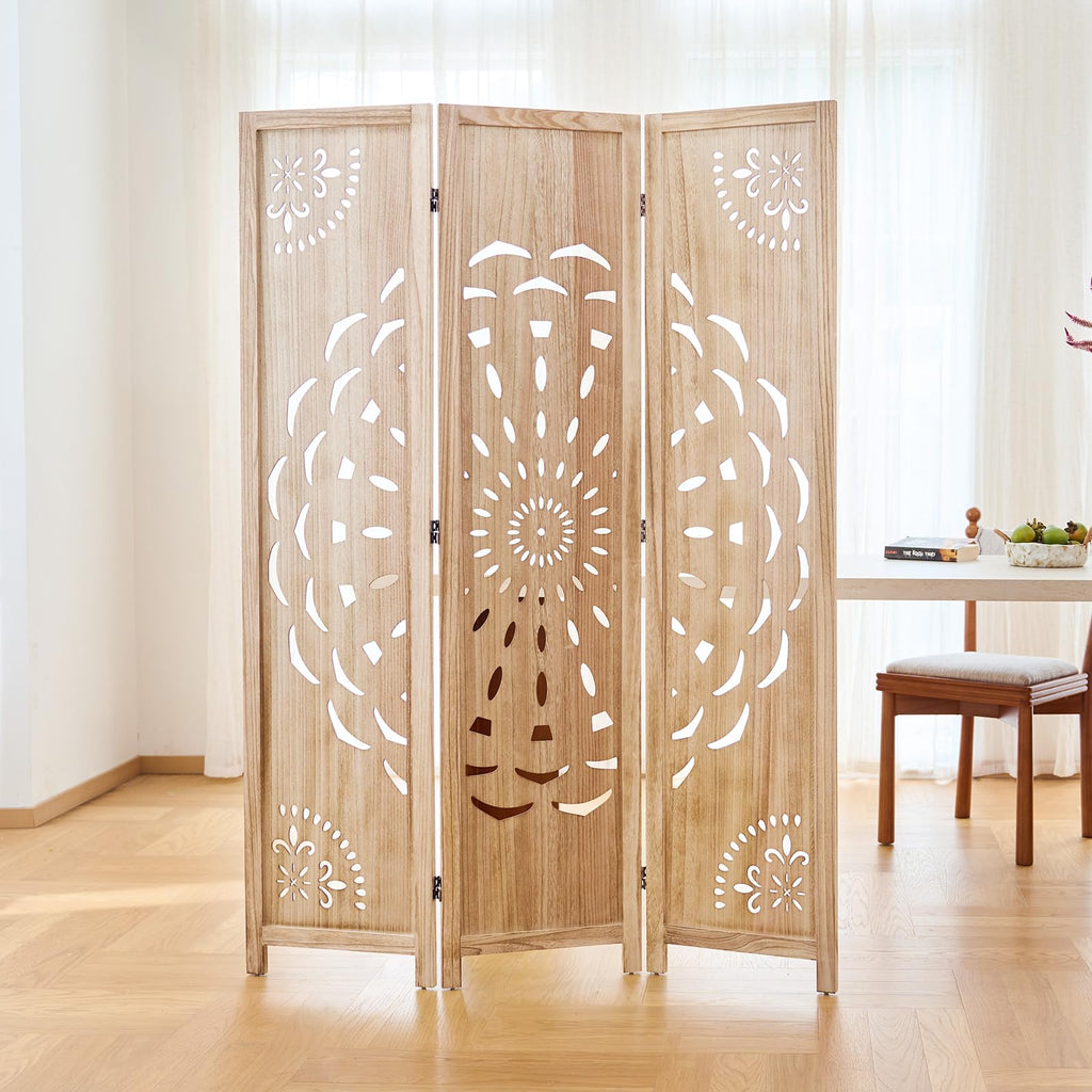 66.9Inch Wooden Room Partition - 3 Panels Boho-Styled Space Room Divider /Office, Headboard & Yoga/Photo/Video Call