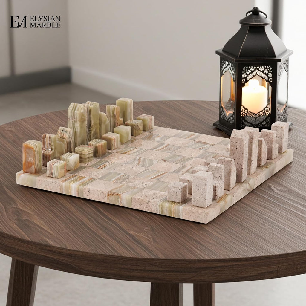 Modern Chess Set - Handcrafted Borderless Marble Chess Board with Minimalist Geometric Pieces, Luxury Decorative