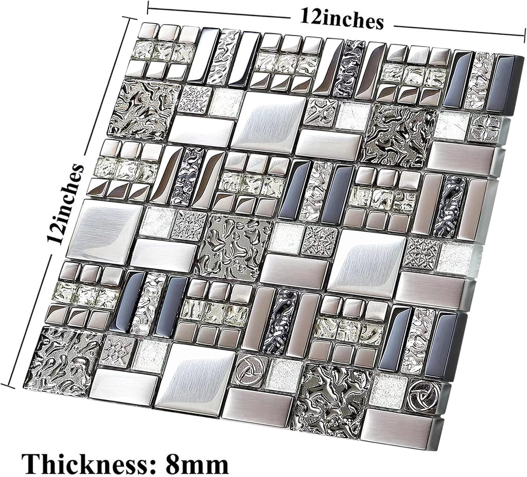 Metallic Glass Mosaic Silver Gray 100% Glass Tile Water Resistant Backsplash Bathroom Shower Accent Wall Decor