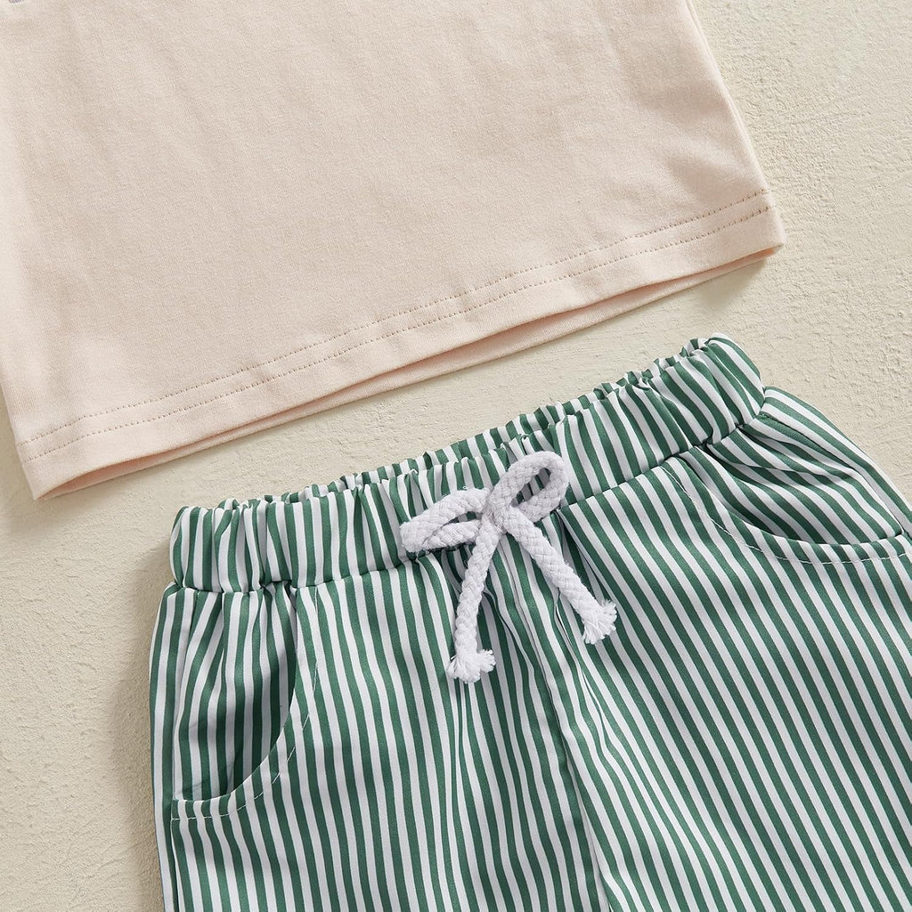Toddler Baby Boy Summer Outfits Short Sleeve Embroidered T Shirt Tees + Striped/Plaid Shorts Infant Clothes Set