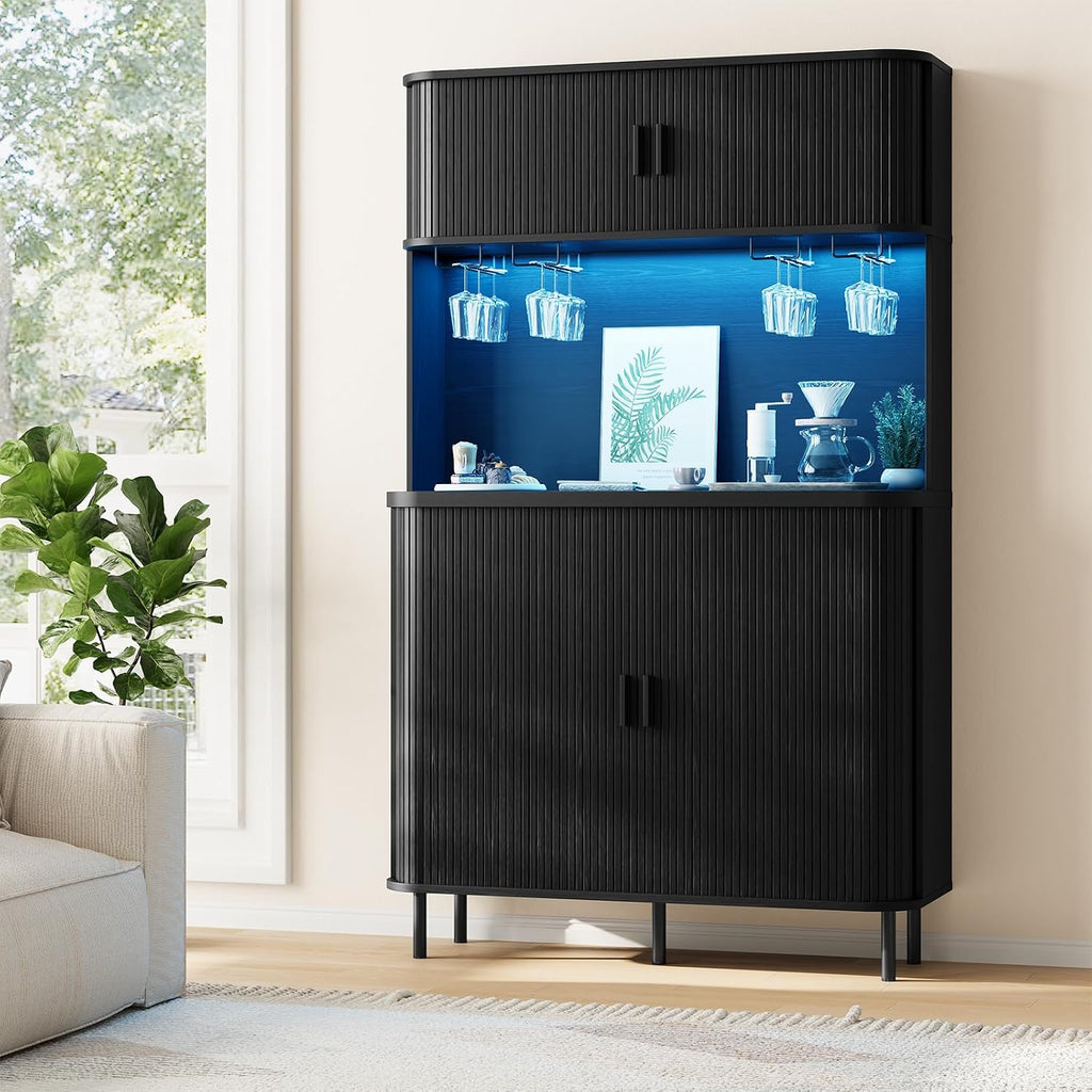 71" Tall Fluted Wine Bar Cabinet with Storage Black | Liquor Cabinet, Coffee Bar Cabinet, Large Home Bar, with LED