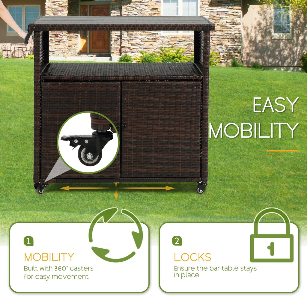 Wicker Outdoor Bar Cart - Brown Patio Console Table Wagon