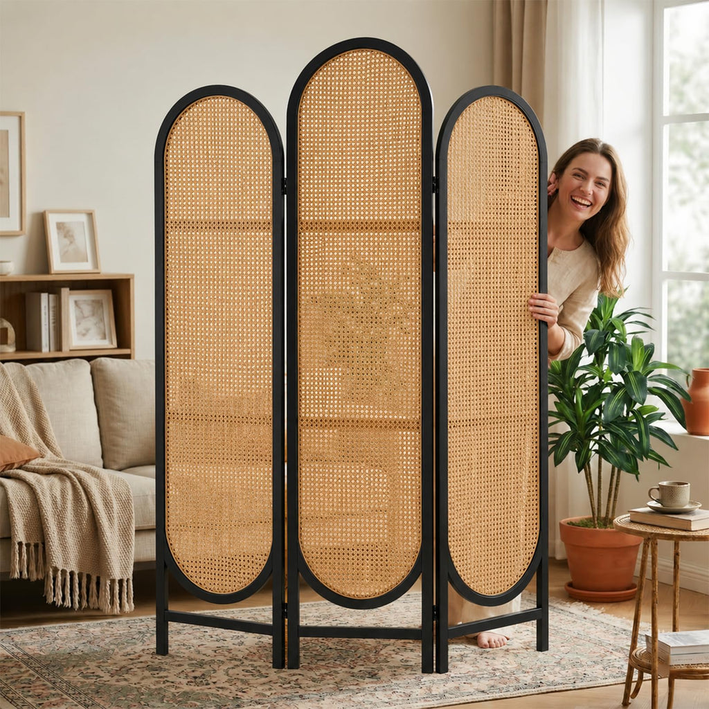 3 Panel Rattan Room Divider Screen, Boho Folding Privacy Screen