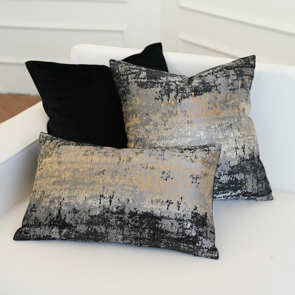 Luxury Jacquard Lumbar Throw Pillow Cover 12x20 Inch, Black Gray Gold Metallic Abstract Decorative Cushion Cover