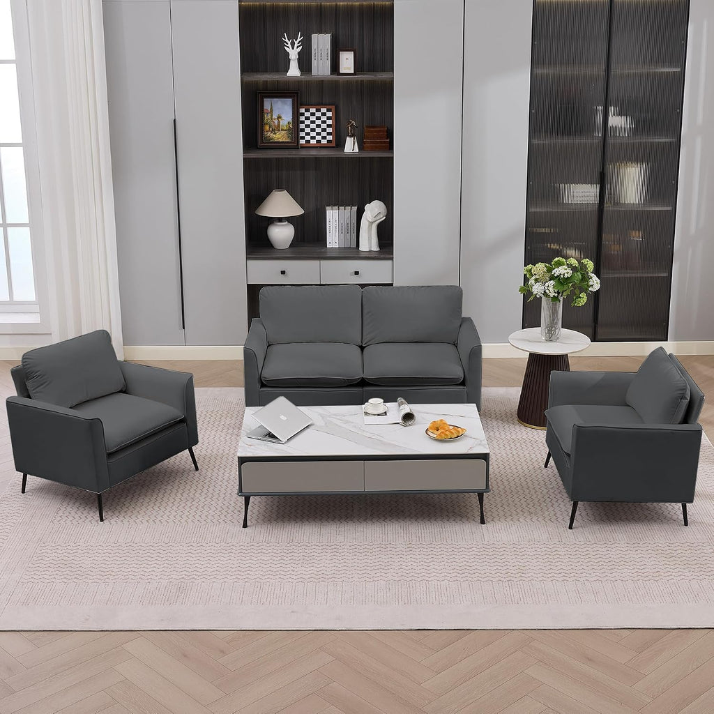 Faux Leather Sofa Couch, Living Room Furniture Sectional Sofa Sets of 3 Pcs, Mid Century Modern Decor Sofa Couches