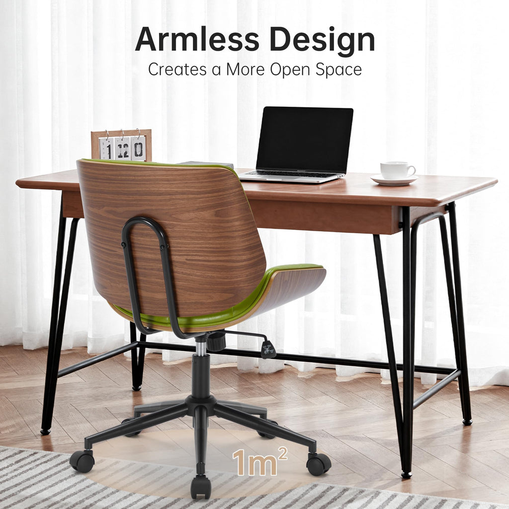 Mid-Century Modern Home Office Chair, Accent Desk Chair with Walnut Finish&PU Leather, Armless Executive Computer Chair