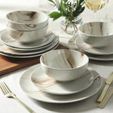 Cloudlight 12 Piece Plates and Bowls Dishes Brown and White - Decorated Porcelain Ceramic Dinnerware Set - Service for 4
