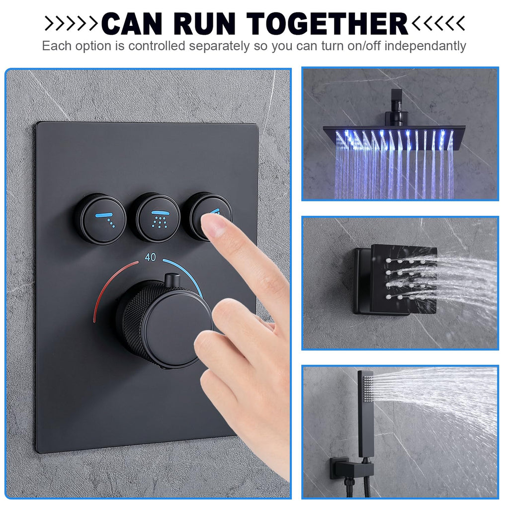 Thermostatic Shower System with Body Jets (Use All Functions At A Time), Ceiling Mounted 12 Inch LED Rain Shower with