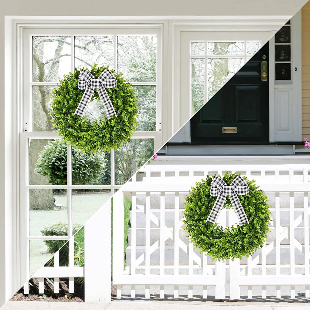 20" Boxwood Wreath for Front Door with Sash & Plaid Bow, Full Lush Artificial Greenery Wreath for Spring Summer