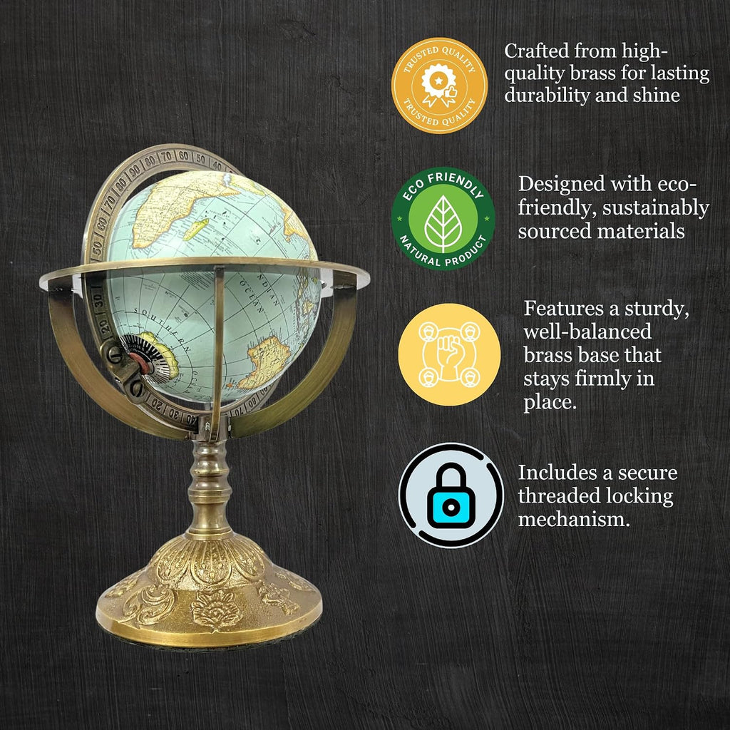 Brass Armillary Sphere Globe with Celestial Engravings and Floral Base - Rotating Decorative Astronomical Piece.