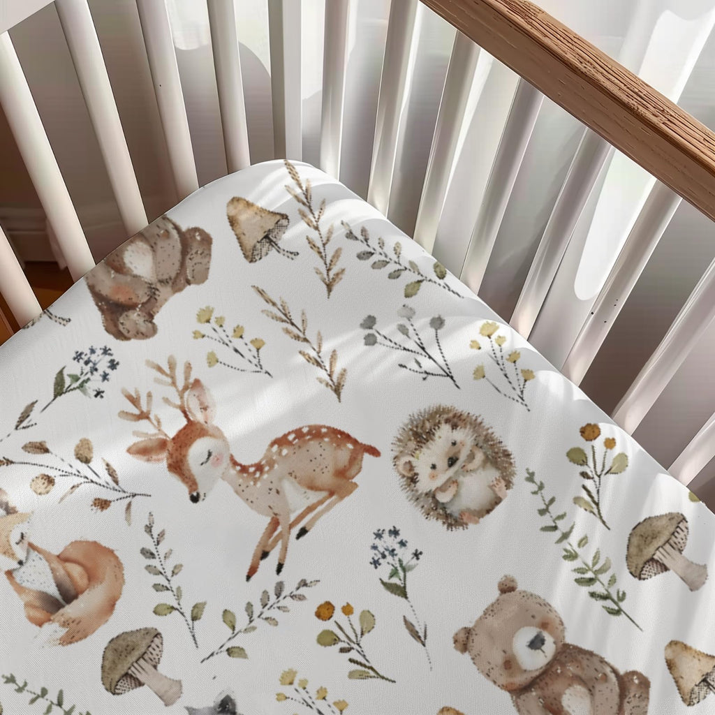 Cute Forest Animals Leaves Mushroom Pattern Baby Sheets for Crib, Unisex Bear Deer Raccoon Hedgehog Nursery Fitted