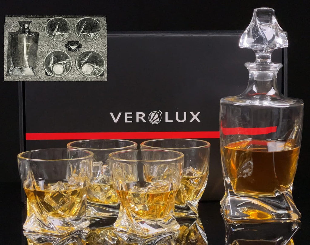 Whiskey Gifts for Men, Whiskey Decanter Set with 4 Glasses in Gift Box by | Elegant Twisted Design with Glass Stopper - Set of 5