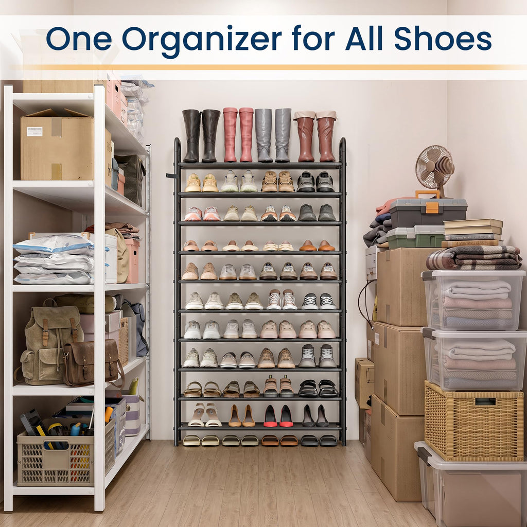 Large Shoe Rack Garage Storage, 10 Tier Tall Metal Shelf, Black