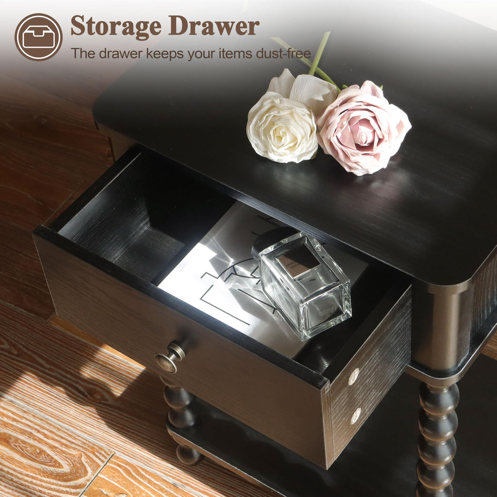 Black Nightstand, Bedroom Side Table with Drawer, Small Bedside End Table with Spindle Wood Legs, Black