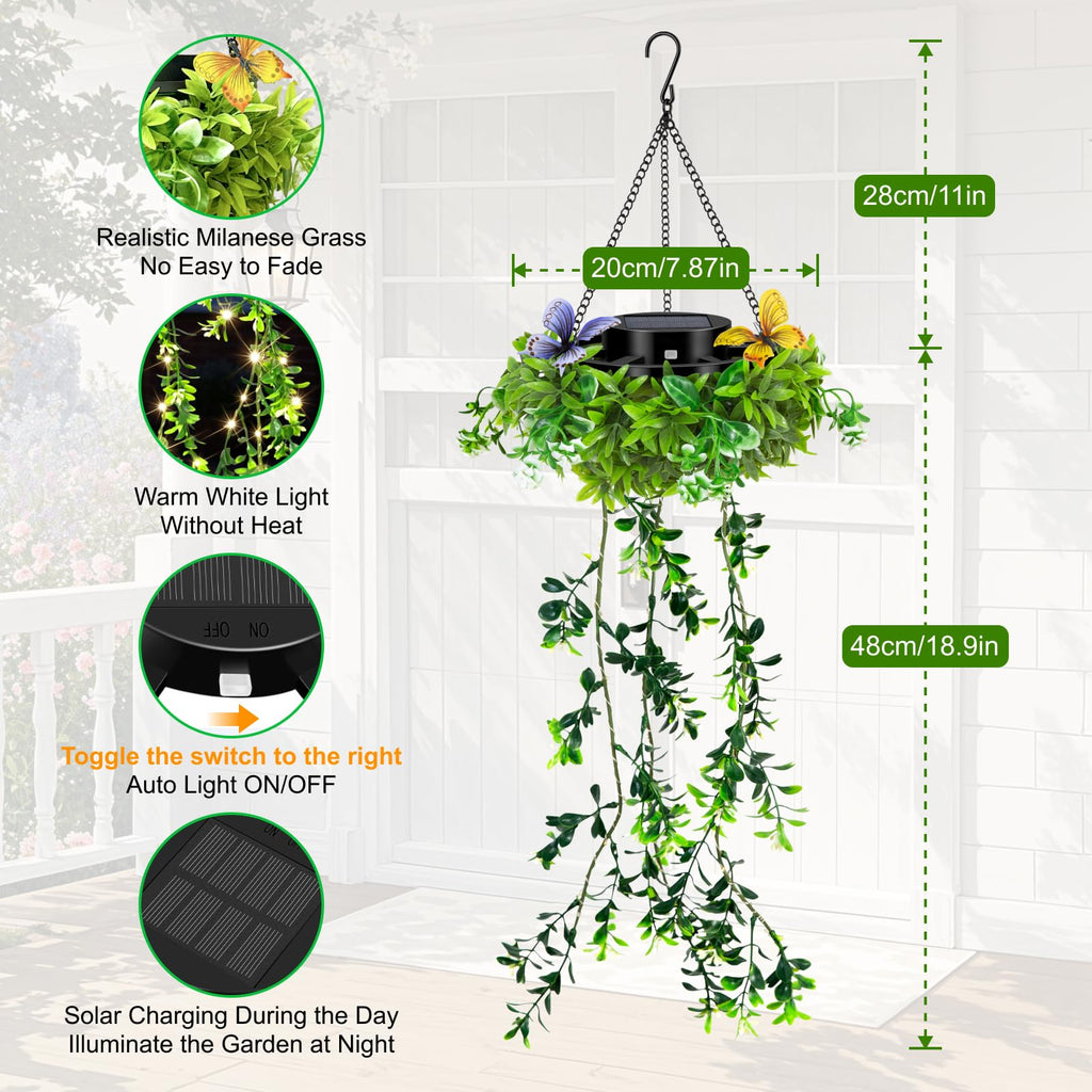 Solar Hanging Garden Lights, 4 Pack 66 LED Outdoor Lights with Realistic Milan Grass & White Flowers, IP65 Waterproof