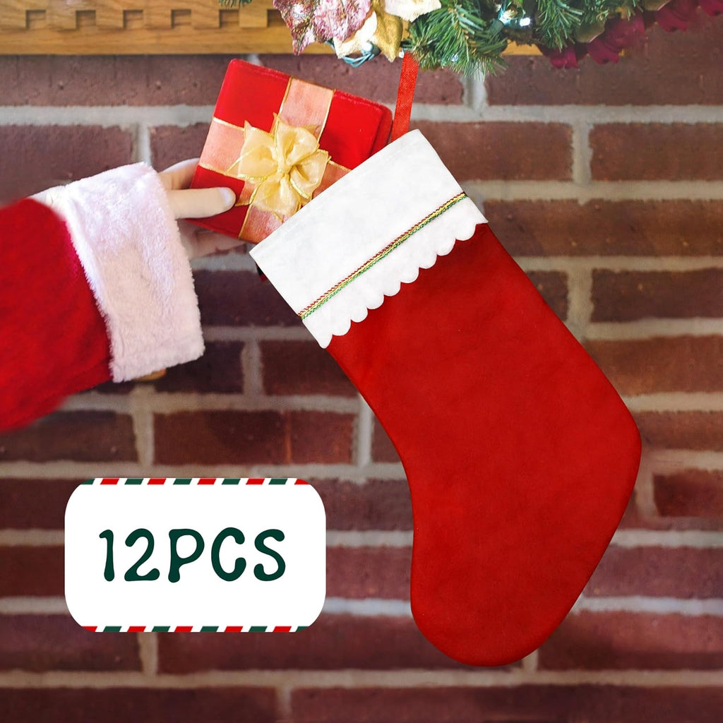 Christmas Stockings, 19" Red and White Christmas Stockings, Traditional Bulk Christmas Stockings with Gold Trim - Set of 12