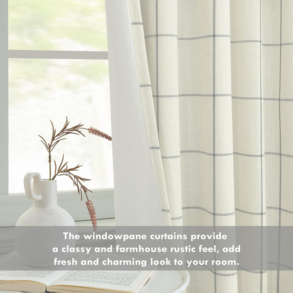 100% Blackout Windowpane Plaid Linen Curtains Double Layer Farmhouse Drapes 96 Inches Long for Living Room Bedroom