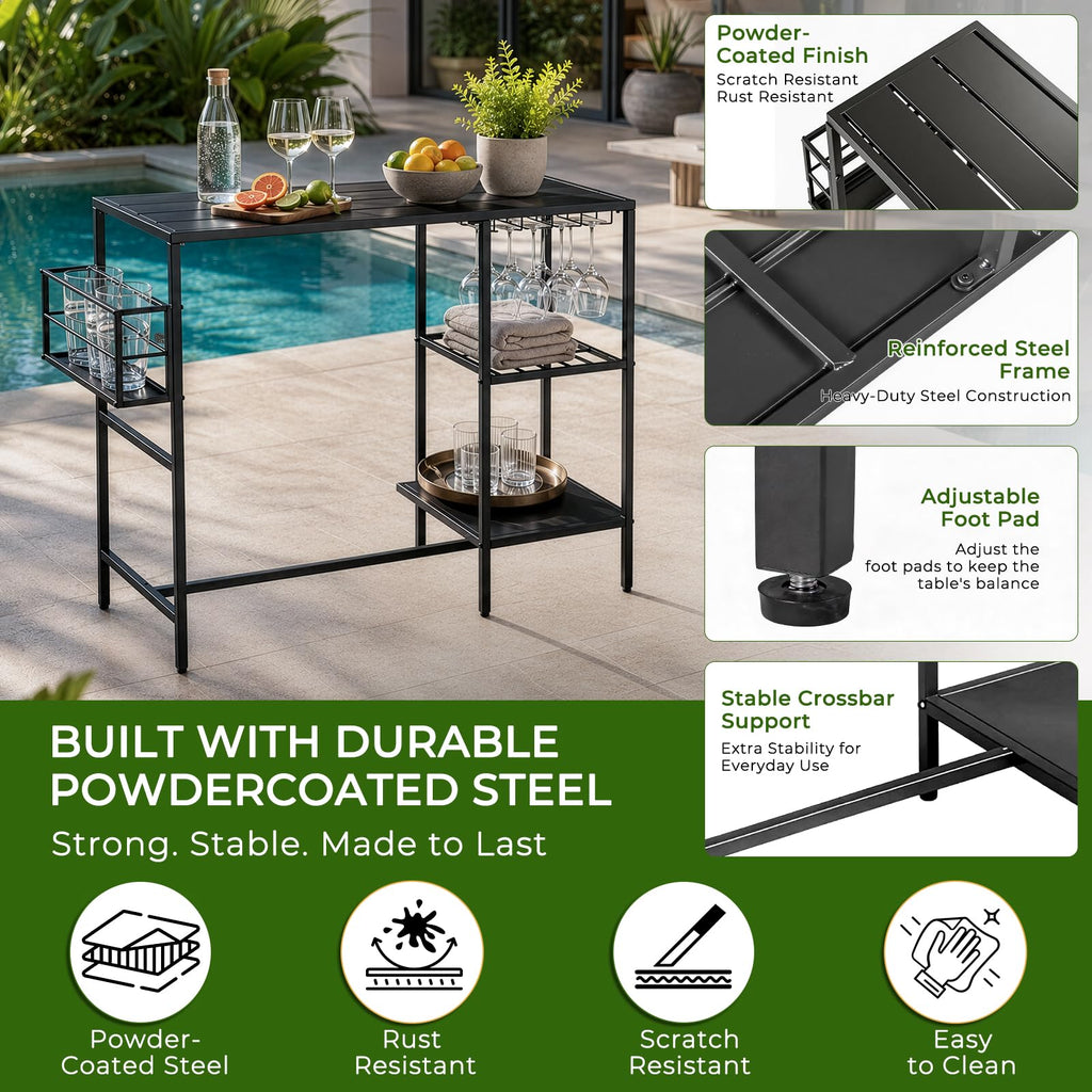 Outdoor Bar Table, 43.3" Metal Bar Counter with Wine Glass Rack