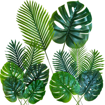 13 Pcs Assorted Artificial Tropical Leaves Set Decorative Real Touch Faux Monstera and Palm Leaves with Stems for
