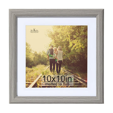 10x10 Picture Frame, Display 8x8 With Mat or 10x10 Without, Tempered Glass Wooden Square Photo Frame for Gray Frame