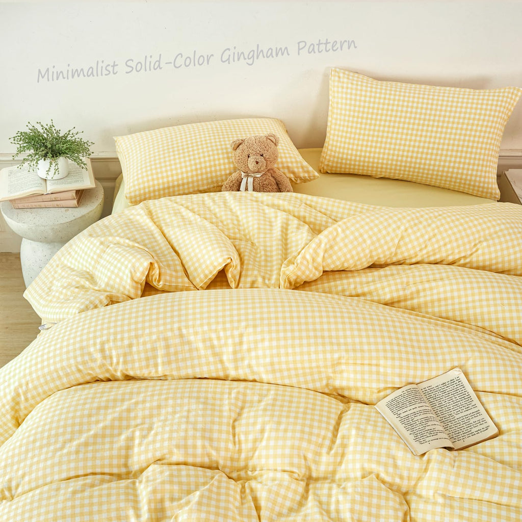 Gingham Bedding Sets 5Pcs Yellow Soft Plaid Bed in a Bag