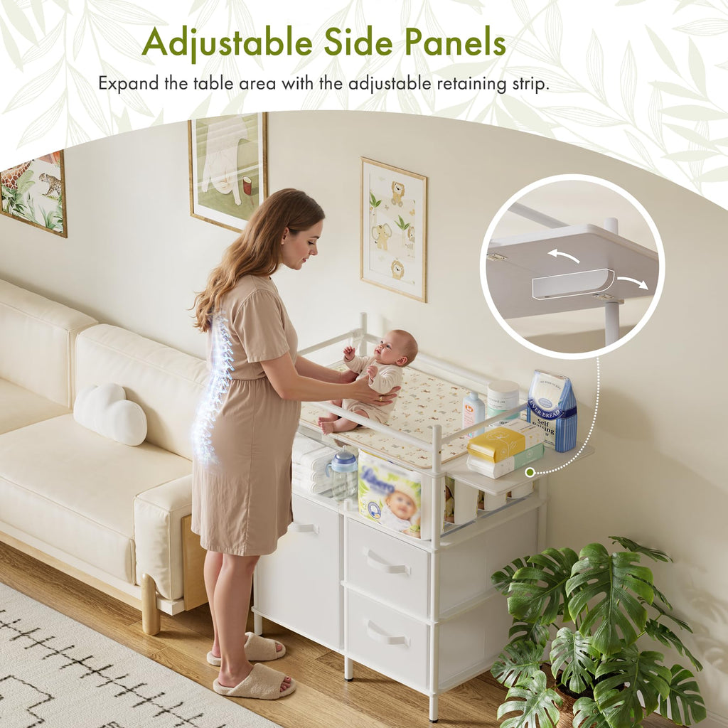 Baby Changing Table, Bamboo Baby Dresser Table with Flat Top, Diaper Changing Station with 3 Removable Storage