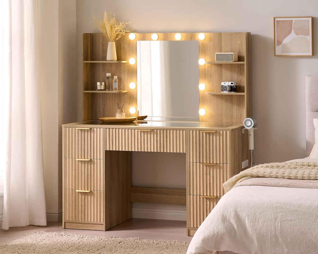47.2" Fluted Vanity Desk with Mirror and Lights, Natural Oak | Large 7 Drawers Wood Makeup Vanity Table with Glass