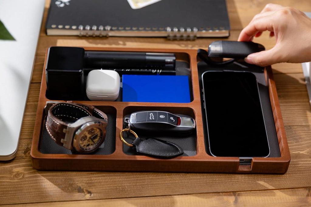 Wooden Valet Tray for Men, Nightstand Organizer with Leather Inlay, EDC Essentials Catchall Tray for Keys, Phone