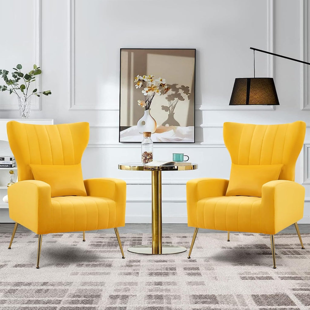 Modern Velvet Accent Chair with Arm & Wingback, Living Room Bedroom Side Chair with Gold Metal Legs & Lumbar Pillow