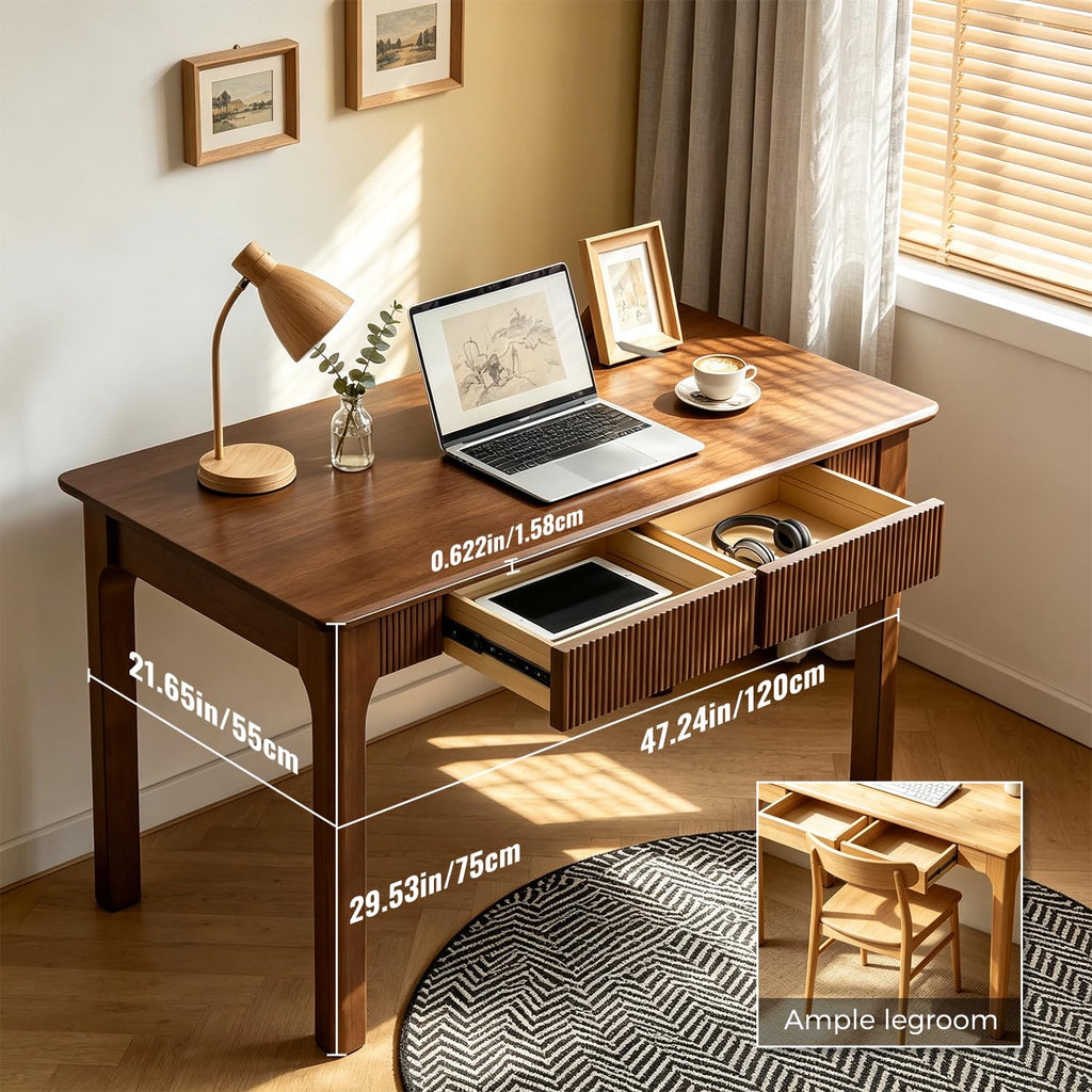47" Fluted Solid Wood Desk with Drawers, Mid Century Modern Desk