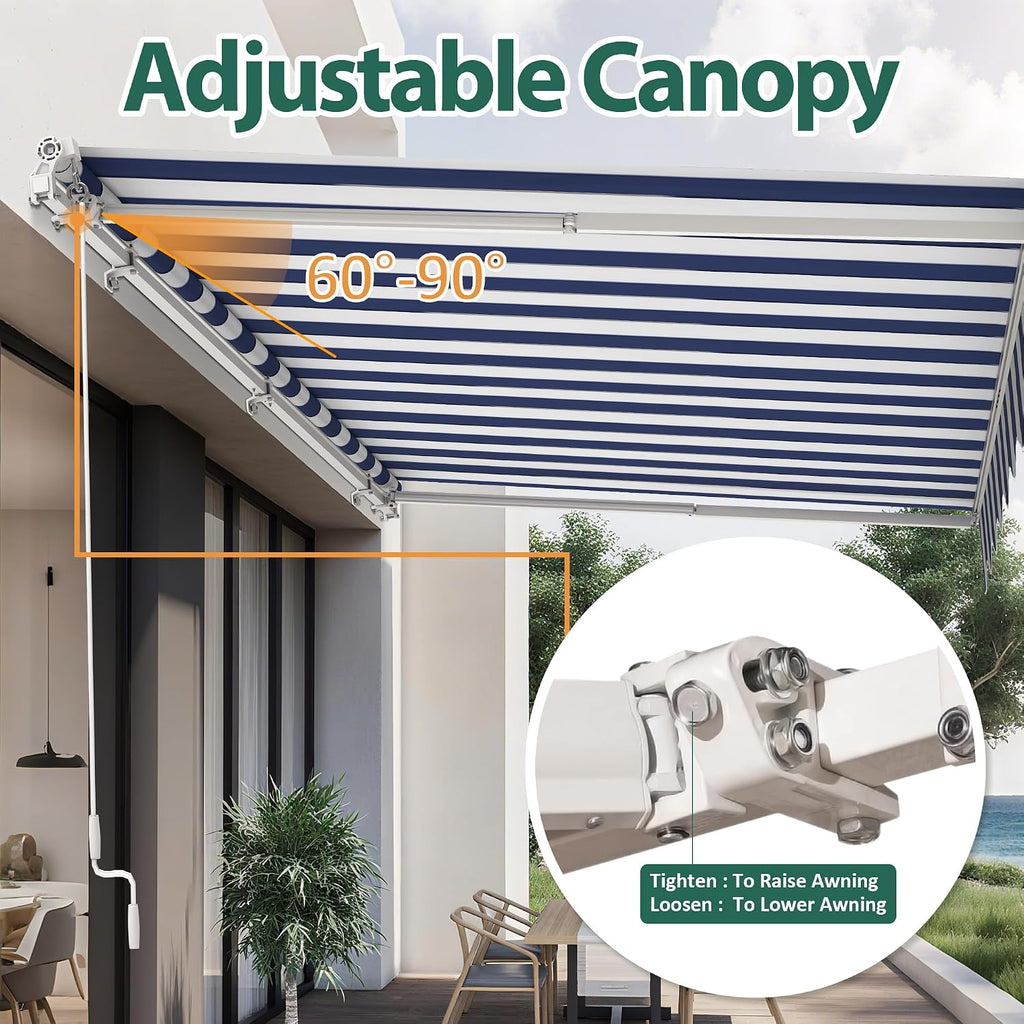 11.5x9.5 Feet Manual Retractable Patio Door Window Awning Sunshade Shelter Outdoor Canopy,1210 (Ocean Blue with White