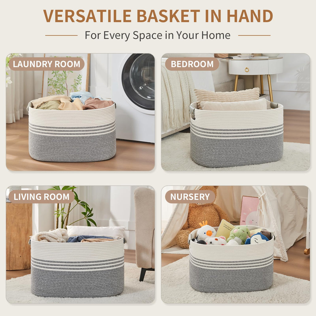 Hamper with Handles, 72L Rope Laundry Basket, Grey & White