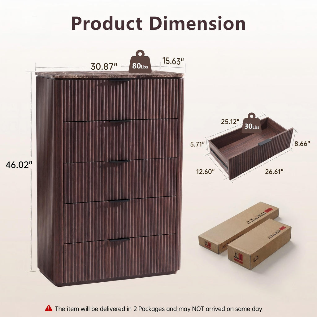 30"W Fluted Dresser, Tall Dresser with 5 Drawer, Dark Oak