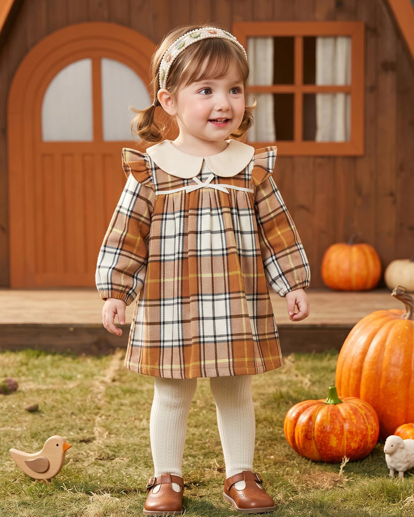 Little Girls Clothes Girl Fall Clothes Cute Brown White Plaid Winter Kids Dress Toddler Long Sleeve Swing