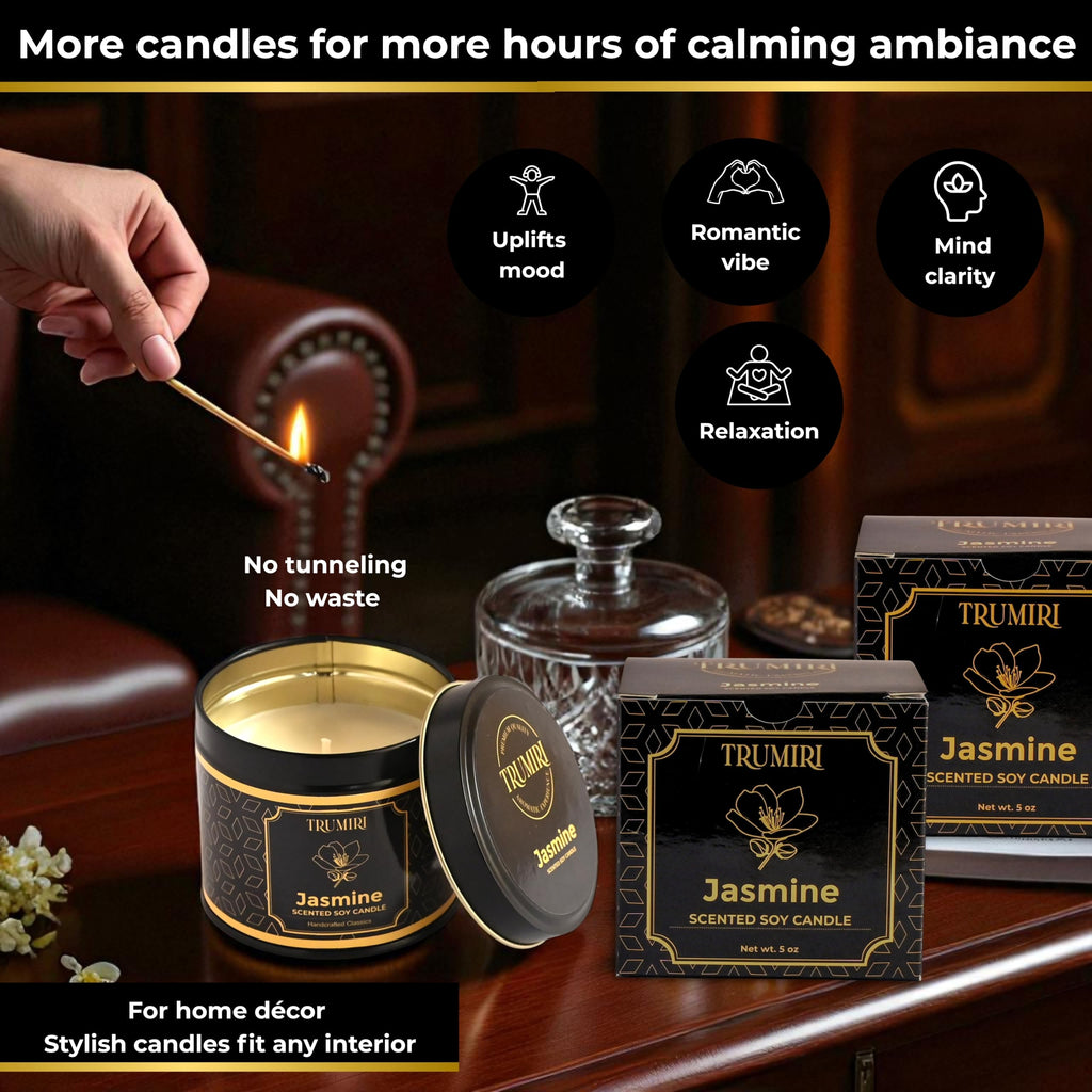 Jasmine Strong Scented Soy Candel Clean Non Toxic Velas Aromáticas for Women Gift for Diwali Pack of 3 5Oz