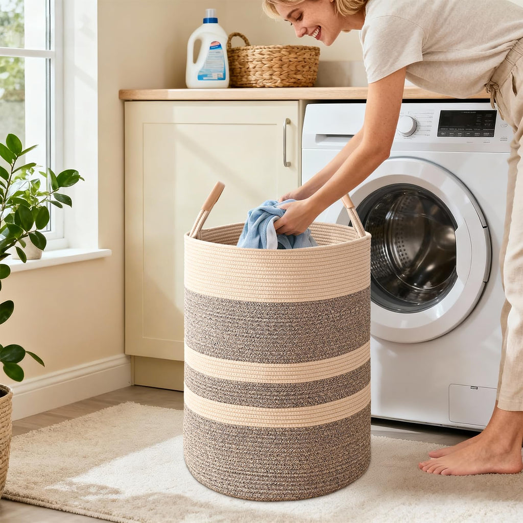Large Laundry Basket, Laundry Hamper with Leather Handles, 75L Woven Dirty Clothes Hamper, Rope Hampers , Barthroom