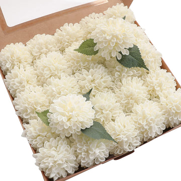 Artificial Dahlia Flowers 25pcs Real Looking Ivory Foam Fake Roses with Stems for DIY Wedding Bouquets White Bridal