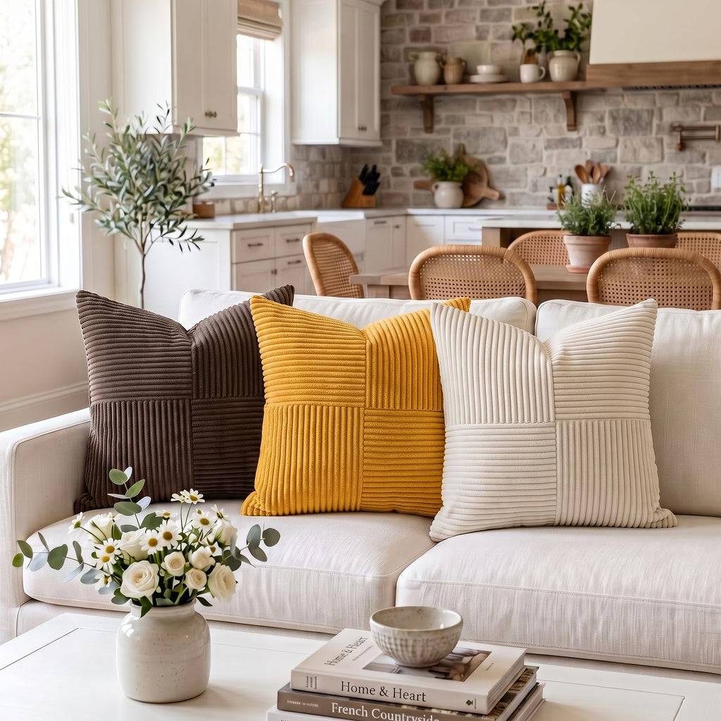 Gold Yellow Decorative Throw Pillow Covers 22x22 Inch Couch Bed, Boho Farmhouse Fall Home Decor, Soft Corss Corduroy