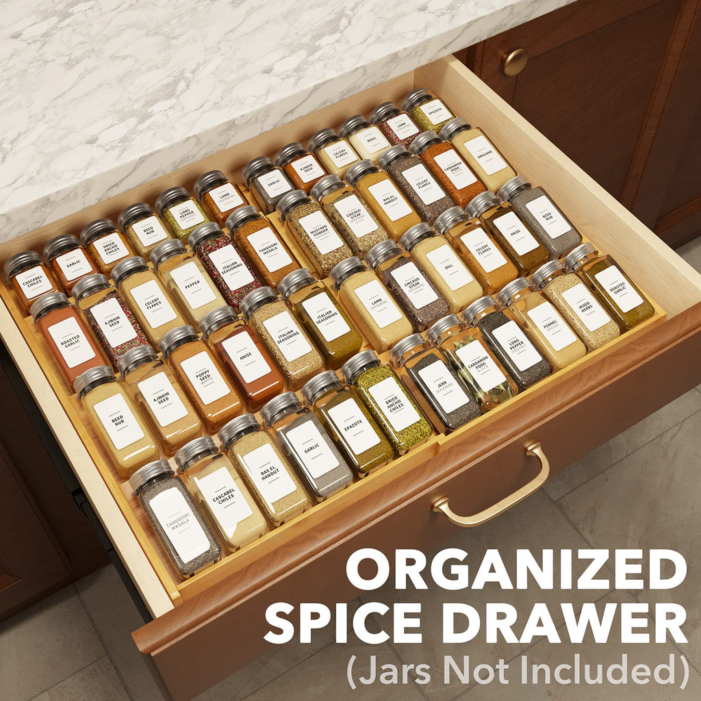 Bamboo Spice Drawer Organizer, (Need 3" Deep Drawer) Expandable 4 Tier Spices Rack for Cabinet, Kitchen Seasoning