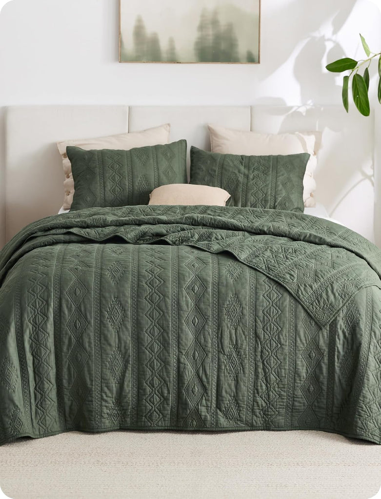 100% Cotton Quilt Set - Queen Bedspread, Lightweight Soft Bed Coverlet, PureWoven, 3-Piece Cozy Stitching Quilt Set