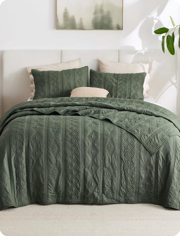 100% Cotton Quilt Set - Queen Bedspread, Lightweight Soft Bed Coverlet, PureWoven, 3-Piece Cozy Stitching Quilt Set