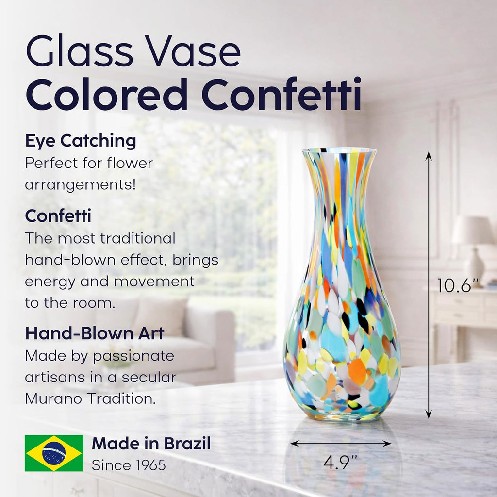 Murano Style Art Glass Vase Hand Blown Colorful Confetti Effect Home Decor