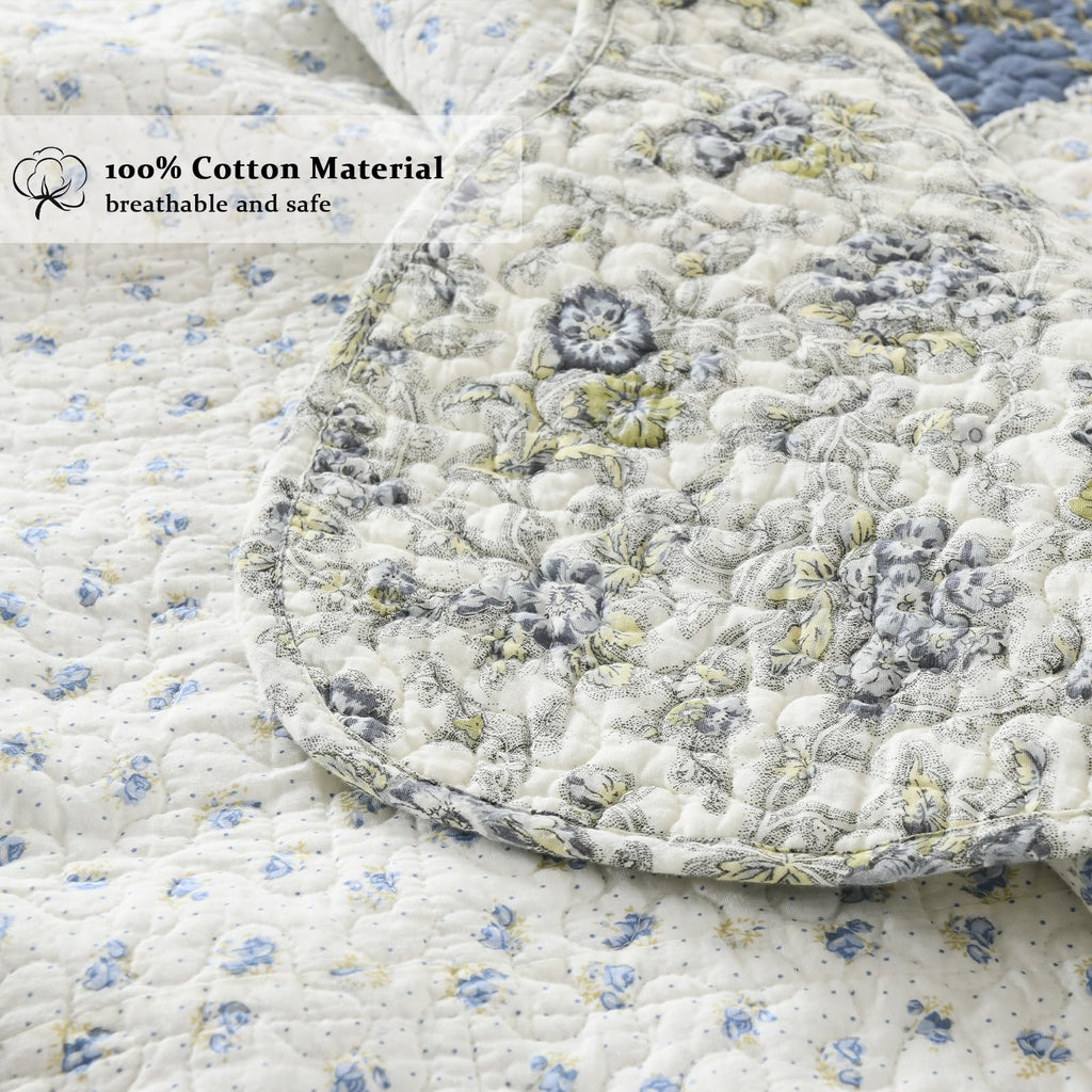 Quilt Set Reversible Country Farmhouse Floral Real Patchwork Quilted Bedspread 3-Piece Quilt Set with
