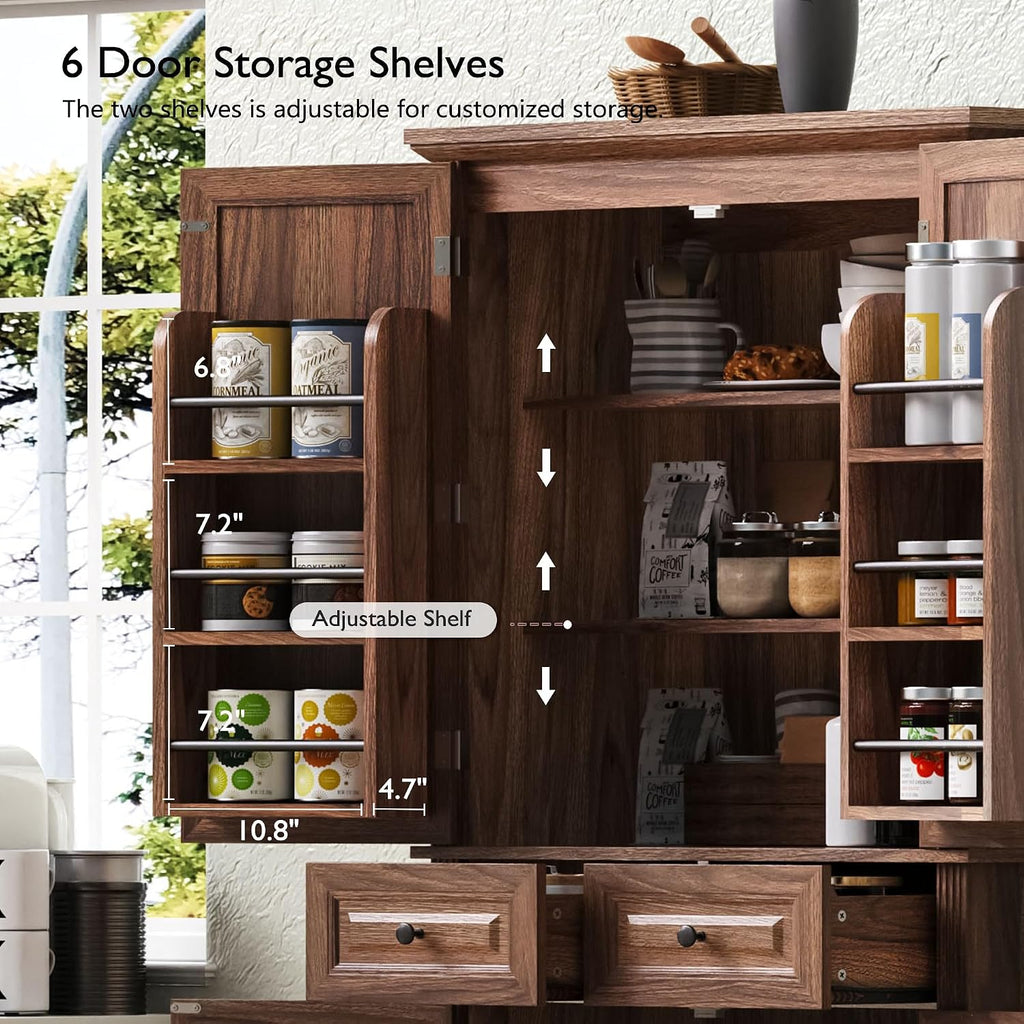 71" Tall Farmhouse Pantry Cabinet with Pull-Out Shelves, Brown | Farmhouse Pantry Cabinet, Pull-Out Organizers, Door