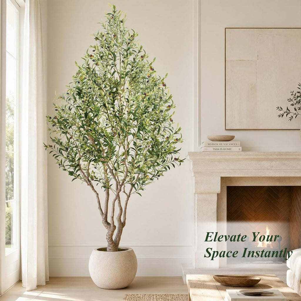 7ft Faux Olive Tree - Large Artificial Olive Tree with Realistic 1513 Leaves and 122 Olives - Lush and Elegant Fake